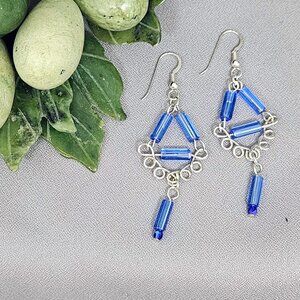 Sterling Silver Wirewrapped Earrings of Blue Glass Tube Beads, Handmade 2 3/4"
